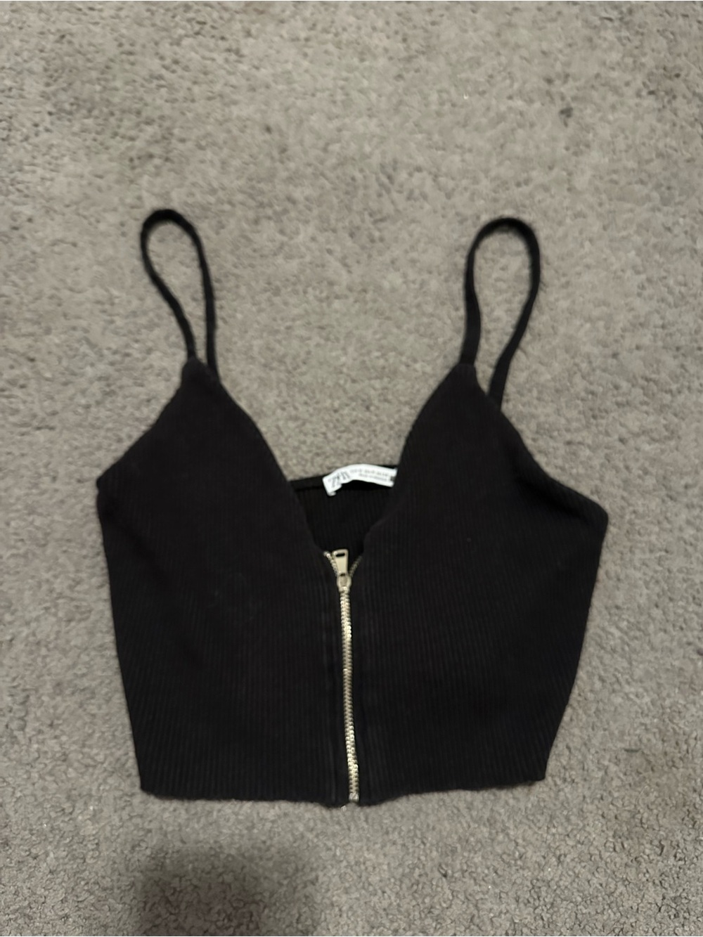 Zara Black Ribbed Cropped Tank Top Gold Zipper Women’s Size M